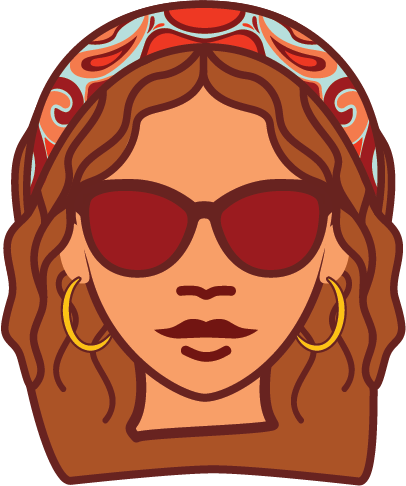 Woman with sunglasses, hoop earrings, and a red patterned headscarf.