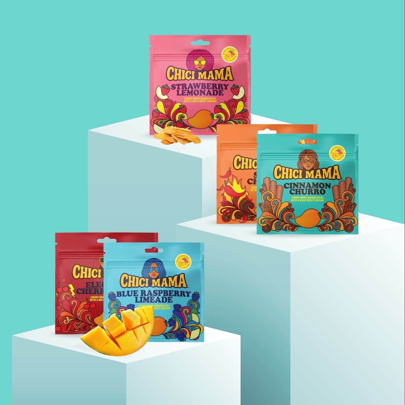 Colorful packages of Chici Mama snacks on a white platform with a teal background