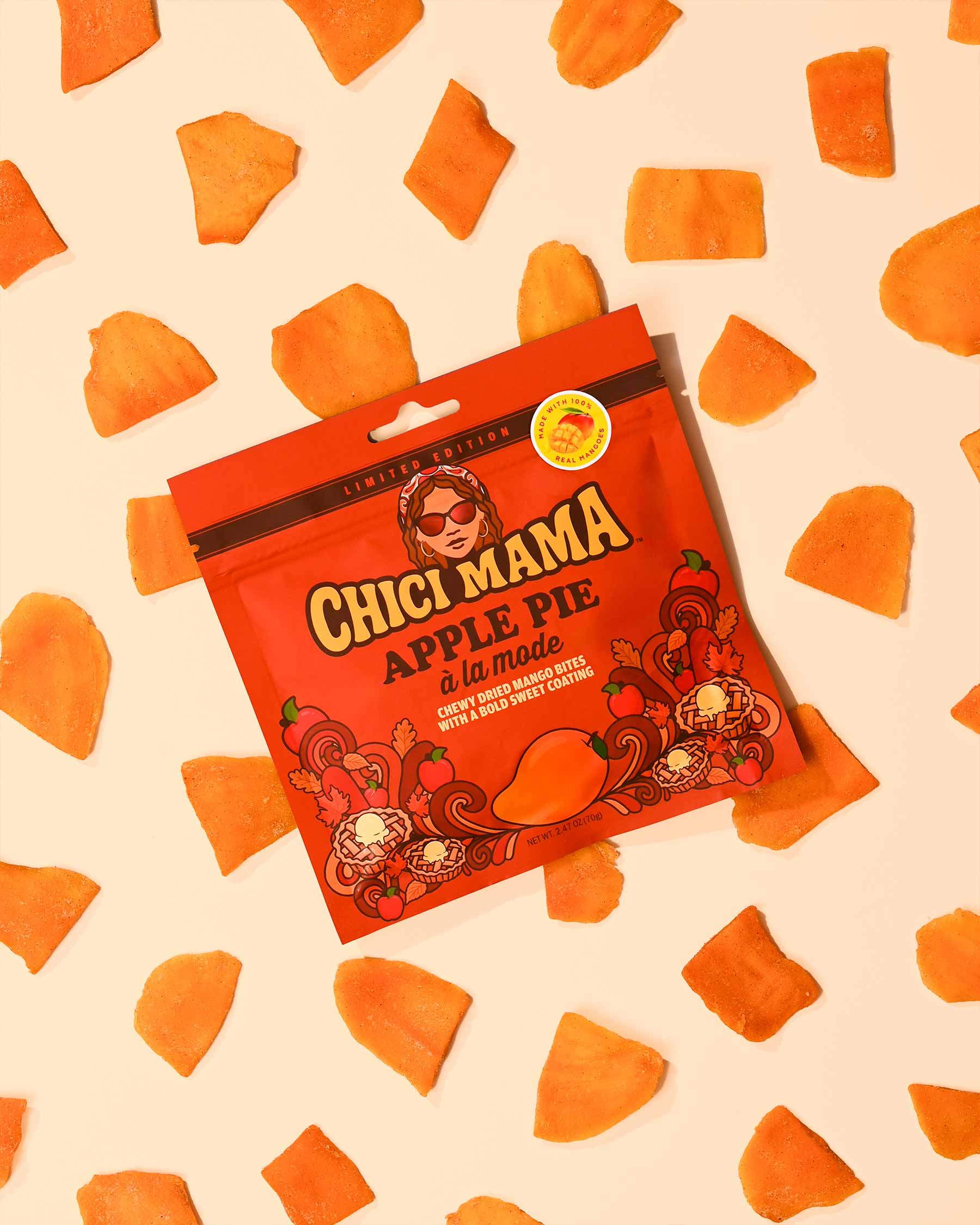 Apple Pie Chewy Mango Bites snack bag with chewy mango and apple pie spice.