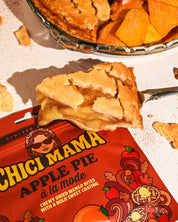 A slice of pie, ice cream, and Apple Pie Chewy Mango Bites in the package.