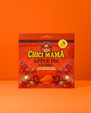 Apple Pie Chewy Mango Bites snack bag on orange background with spice.