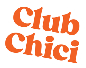 Orange Club Chici text in playful, bold font on a white background.