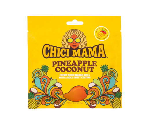 Yellow Chici Mama Pineapple Coconut snack bag with colorful tropical design.