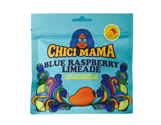 Blue Chici Mama Blue Raspberry Limeade candy bag with colorful art.