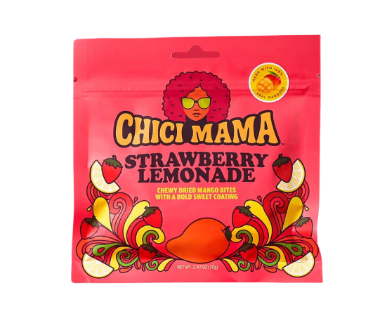 Red Chici Mama Strawberry Lemonade mango snack pouch with fruit illustrations.
