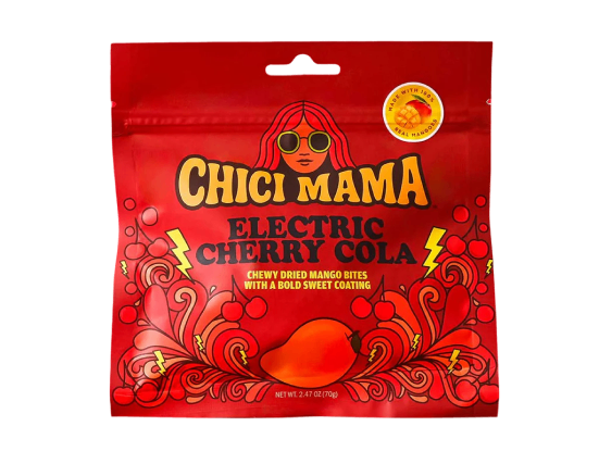 Red Chici Mama Electric Cherry Cola dried mango bites package with bold text.