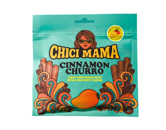 Chici Mama Cinnamon Churro dried mango bites in teal packaging with designs.