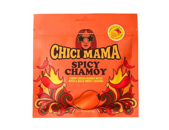 Chici Mama Spicy Chamoy: chewy dried mango bites with a bold sweet coating.