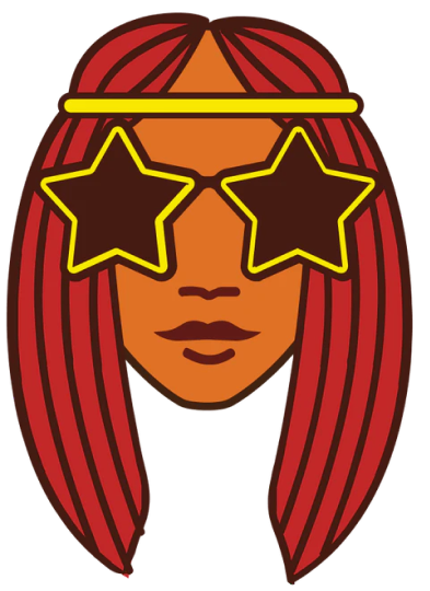 Cartoon face with star sunglasses, headband, and long red hair.
