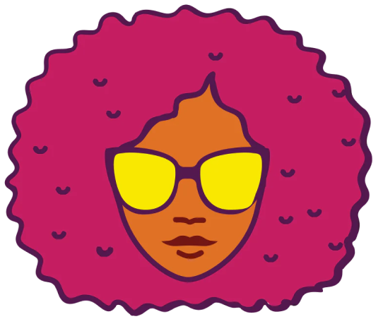 Cartoon face with big curly magenta hair and yellow sunglasses.